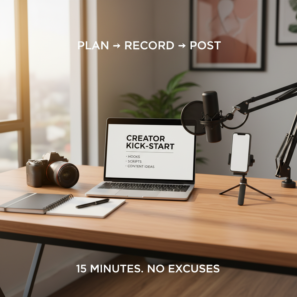 Create a lifestyle-meets-education product image showing a creator at a desk or studio setup:
camera, laptop, notebook, microphone, phone on a tripod.

On the laptop/tablet screen, display the Creator Kick-Start ebook open with visible sections like hooks, scripts, and content ideas.

Overlay subtle text such as:
“Plan → Record → Post”
“15 minutes. No excuses.”  The vibe should communicate:
“This makes creating content simple, repeatable, and doable.”