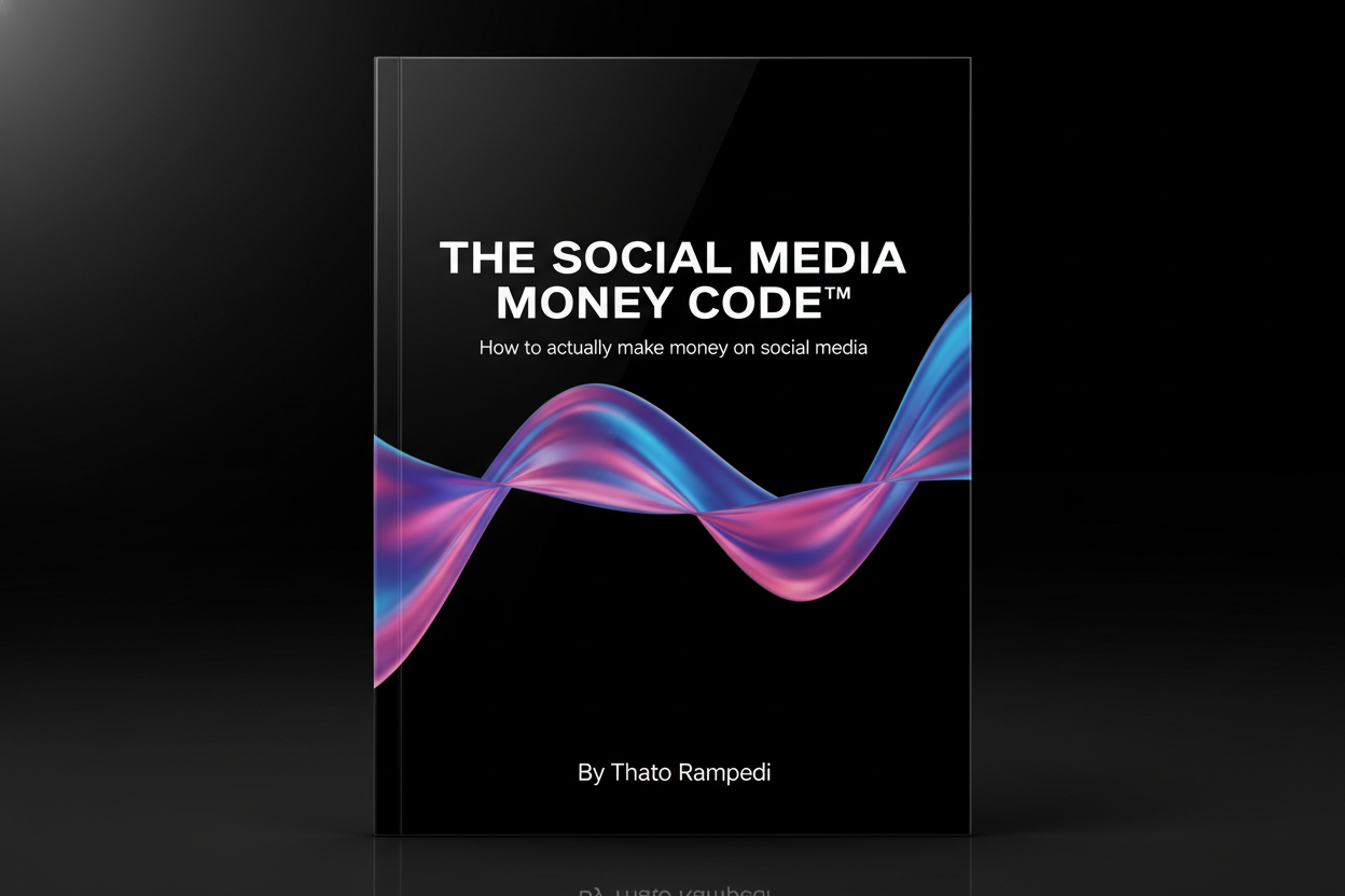 “Create a modern, high-end digital book cover titled The Social Media Money Code™.
Use the same visual style as the Creator Kickstart cover: a sleek black background, minimalistic luxury design, and a glossy holographic ribbon or wave element that matches the aesthetic.
Use bold white futuristic typography for the title, with a clean layout that mirrors Creator Kickstart so they feel like a series.
Include a subtle tagline in smaller text: ‘How to actually make money on social media’.
Add ‘By Thato Rampedi