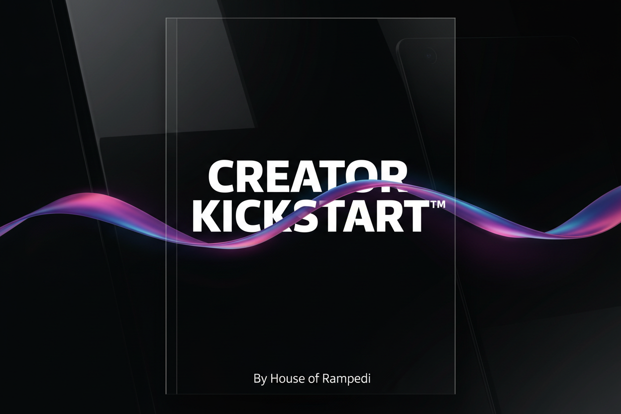 “Create a modern, high-end digital product book cover titled Creator Kickstart™.
Use a sleek black background with subtle glossy textures, inspired by luxury tech and creator brands.
Add bold, futuristic typography in white for the title, and include a minimal holographic ribbon or wave element similar to light refractions.
Design should feel premium, youth-culture focused, and visually aligned with creator education.
Include a small text line that says: ‘By House of Rampedi’.
Style: minimalistic, clean, 