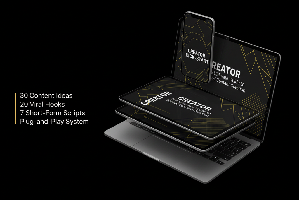 Create a premium, high-conversion product mockup for a digital ebook called “Creator Kick-Start”.

The ebook should appear as a sleek, modern digital guide displayed on a tablet, laptop, and phone (stacked mockup).

Style: minimal, high-contrast, modern creator economy aesthetic.
Color palette: black background, white typography, subtle gold/yellow highlights. Add short, powerful overlay text near the product (not too busy):
“30 Content Ideas”
“20 Viral Hooks”
“7 Short-Form Scripts”
“Plug-and-Play System”  