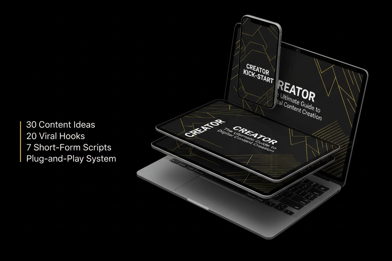 Create a premium, high-conversion product mockup for a digital ebook called “Creator Kick-Start”.

The ebook should appear as a sleek, modern digital guide displayed on a tablet, laptop, and phone (stacked mockup).

Style: minimal, high-contrast, modern creator economy aesthetic.
Color palette: black background, white typography, subtle gold/yellow highlights. Add short, powerful overlay text near the product (not too busy):
“30 Content Ideas”
“20 Viral Hooks”
“7 Short-Form Scripts”
“Plug-and-Play System”  