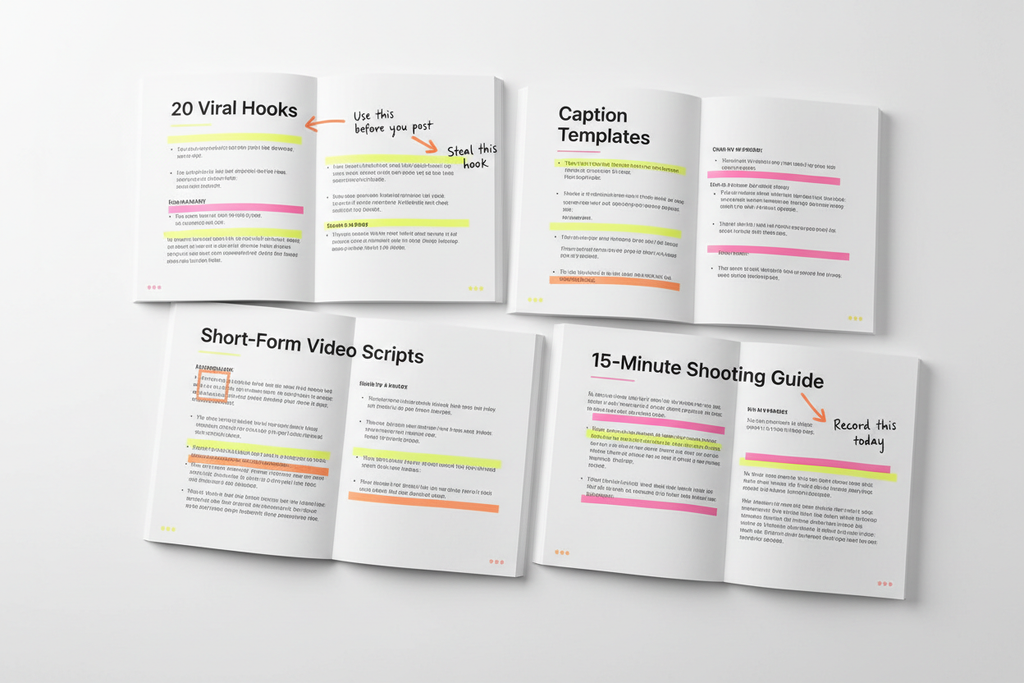 Create a visual flat-lay or open-ebook spread showing the inside pages of a digital creator guide.

Show multiple pages slightly overlapping with clear, readable headings such as:
– “20 Viral Hooks”
– “Caption Templates”
– “Short-Form Video Scripts”
– “15-Minute Shooting Guide”

Highlight text blocks with boxes, underlines, arrows, and markers to make it feel used, practical, and tactical. Add small annotation-style text like:
“Use this before you post”
“Steal this hook”
“Record this today” 
