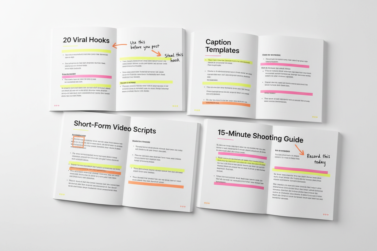 Create a visual flat-lay or open-ebook spread showing the inside pages of a digital creator guide.

Show multiple pages slightly overlapping with clear, readable headings such as:
– “20 Viral Hooks”
– “Caption Templates”
– “Short-Form Video Scripts”
– “15-Minute Shooting Guide”

Highlight text blocks with boxes, underlines, arrows, and markers to make it feel used, practical, and tactical. Add small annotation-style text like:
“Use this before you post”
“Steal this hook”
“Record this today” 